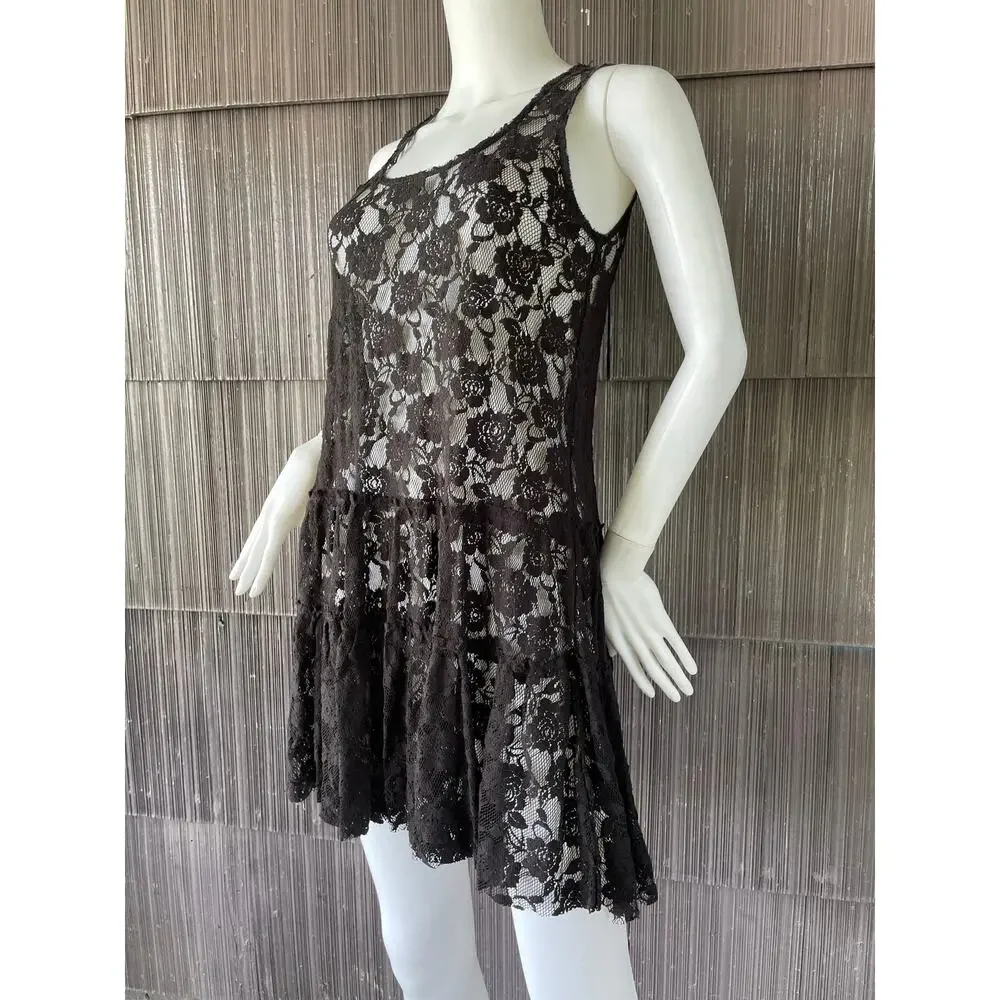 🔥Free People Black Lace Sheer Fit Flare Tiered Mini Dress Coquette Goth Grunge